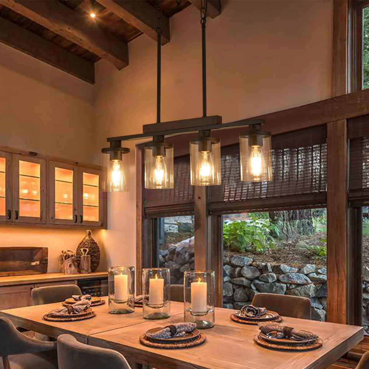 Wood Kitchen Island Lighting,4-Light Farmhouse Dining Room Light Fixture Matte Black Modern Chandeliers Over Table