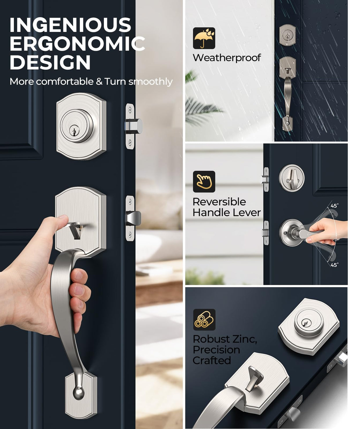 Satin Nickel Front Door Handle and Deadbolt Set with Classic Lever