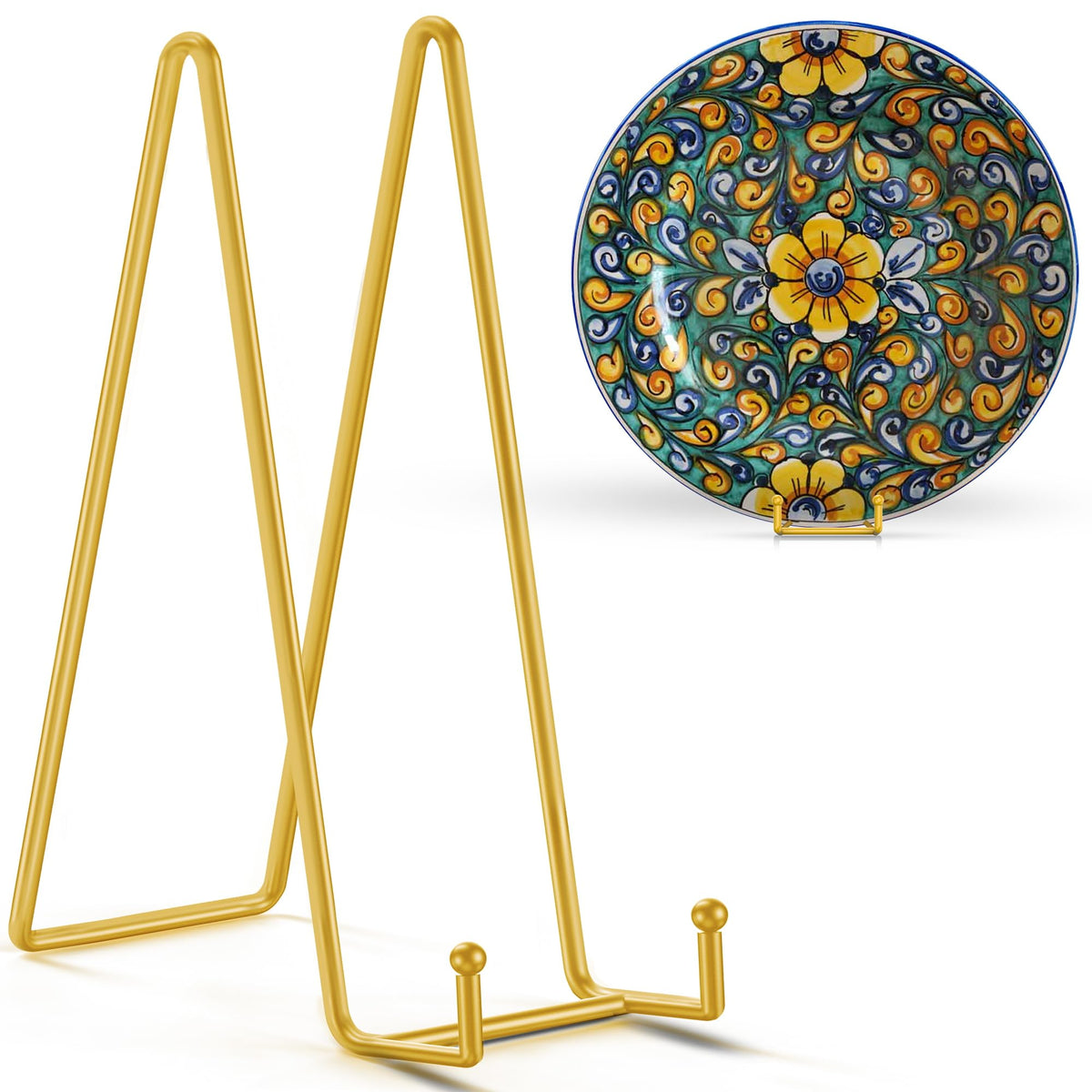 14 Inch Gold Metal Plate Stand (2 Pack) - Heavy Duty Display Easel for Large Plates, Frames, Platters and Art