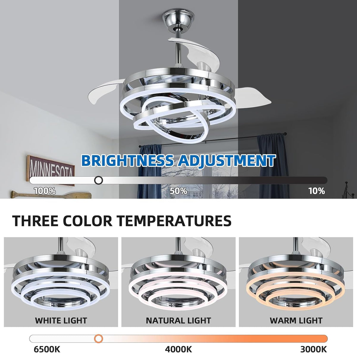 42 Inch Retractable Ceiling Fan, Modern Ceiling Fans with Lights and Remote, Silent DC Motor,Dimmable,Timer Setting,6