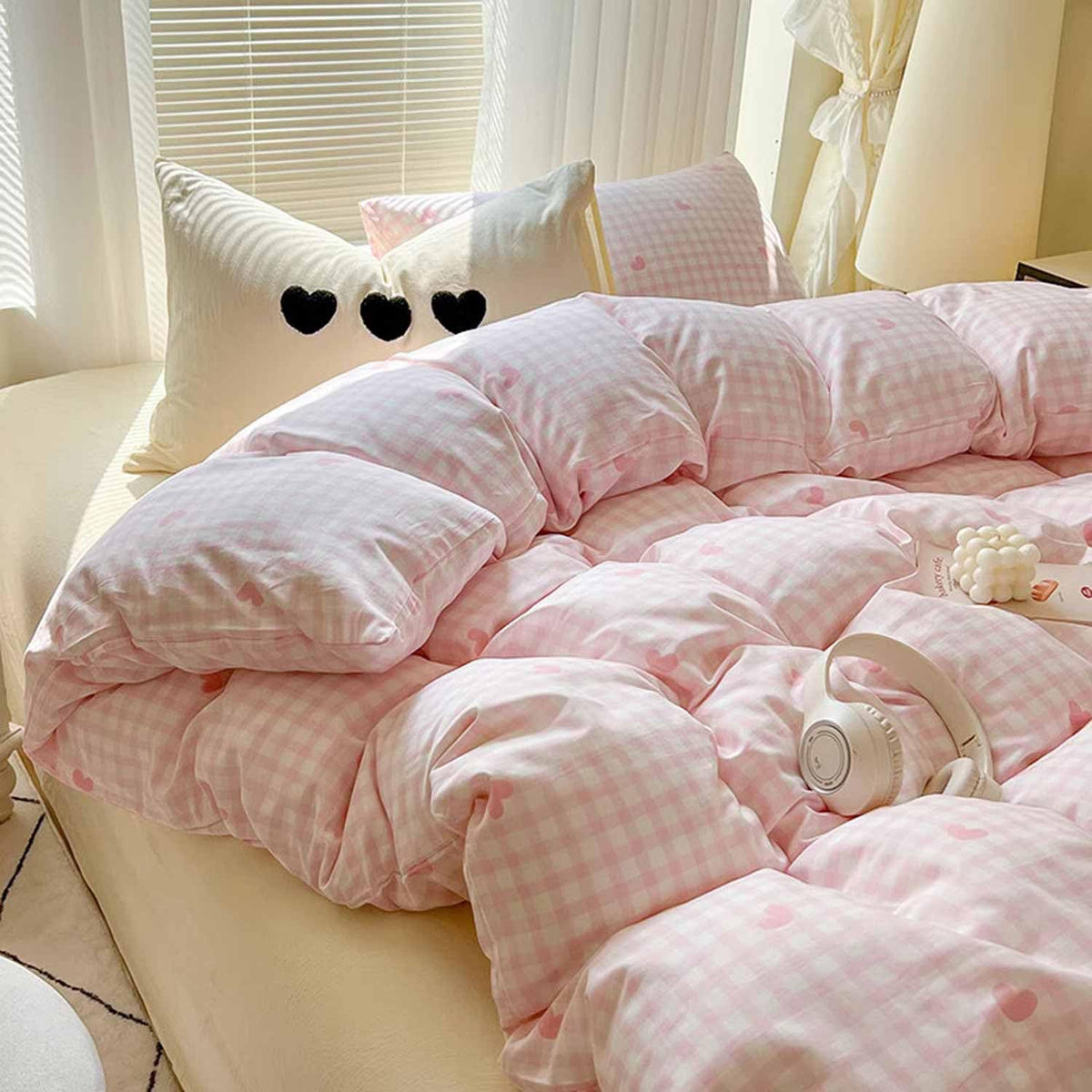 Comforter Set, Pink and White Grid Heart Plaid Buffalo Check Gingham Pattern Printed Comforter, Soft Microfiber