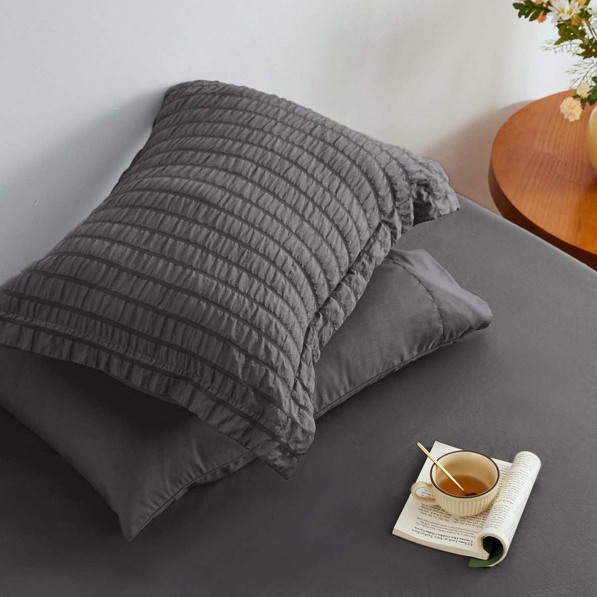 Seersucker Dark Grey California King Comforter Set, 7-Piece Bed in a Bag