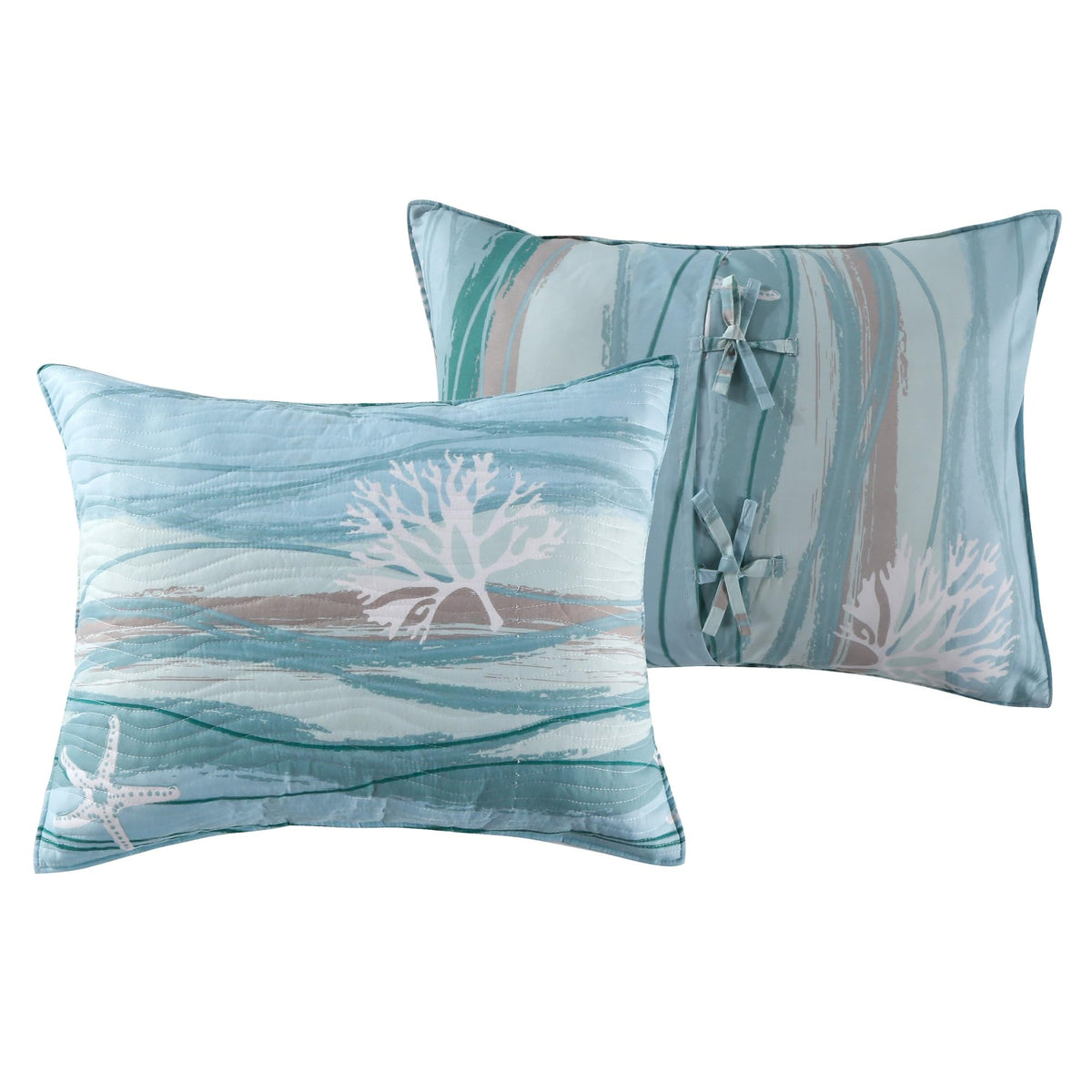Maui Embroidered Coastal Quilt Set with Decorative Pillows and Euro Shams, (7-Piece)
