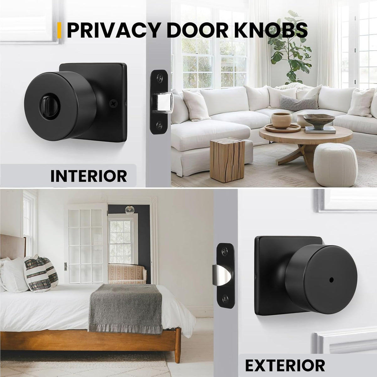Matte Black Door Knobs Interior, Privacy Bedroom Door Knob with Lock, Black Interior Door Knobs Bathroom 6 Pack