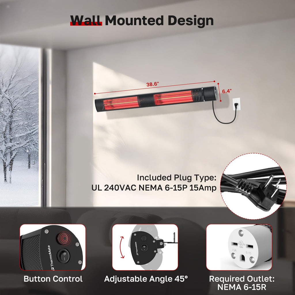 Infrared Heater, Outdoor Heater, Garage, Restaurant, 3000W Carbon Fiber 240V with Remote, ETL Certified Black