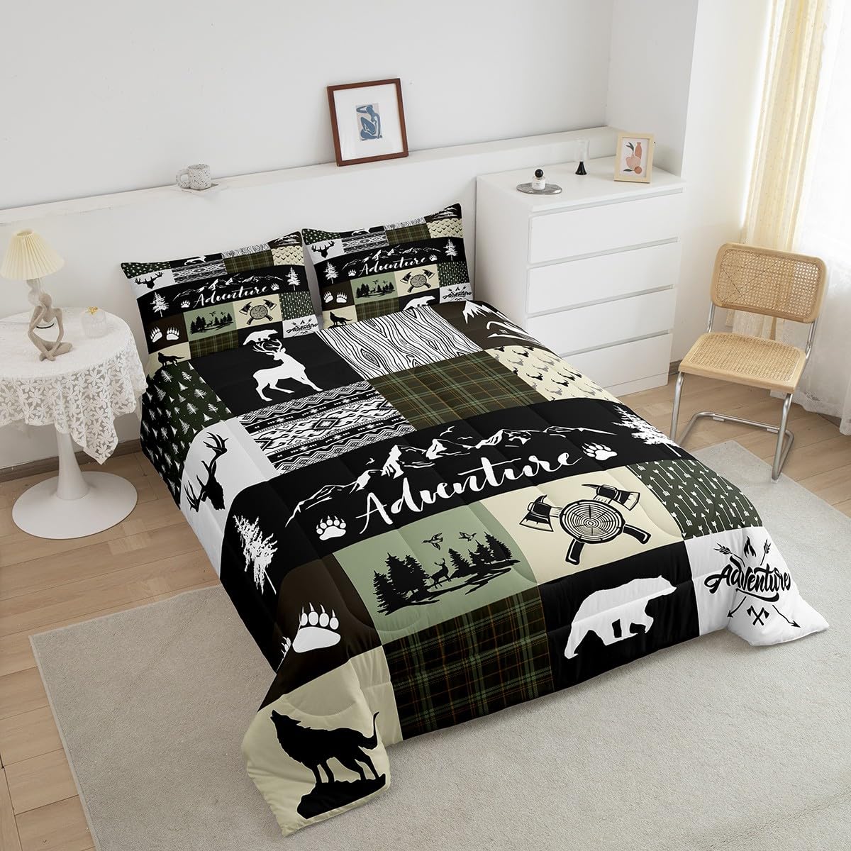 Rustic Farmhouse Comforter Set, Bear Deer Wolf Wild Animals Patchwork Bedding Set All Season Quilt Set, Cabin