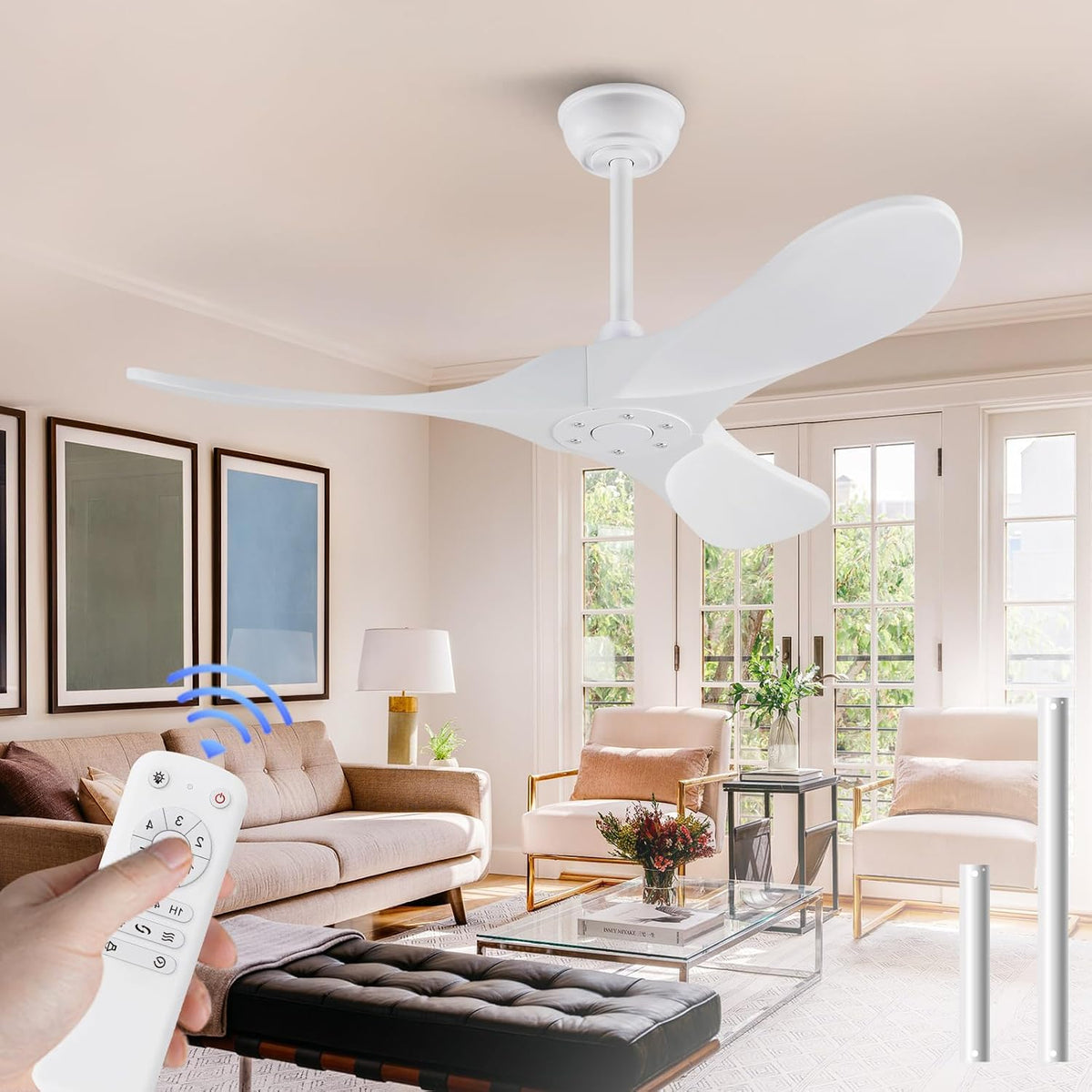Inspired Maverick Style 42 Inch Solid Wood Ceiling Fan with Remote,White Ceiling Fan no Light,6 Speeds,Noiseless,Reversible DC Motor,Modern Ceiling Fans without Lights for Outdoor Indoor Bedroom Farmhouse,Patios