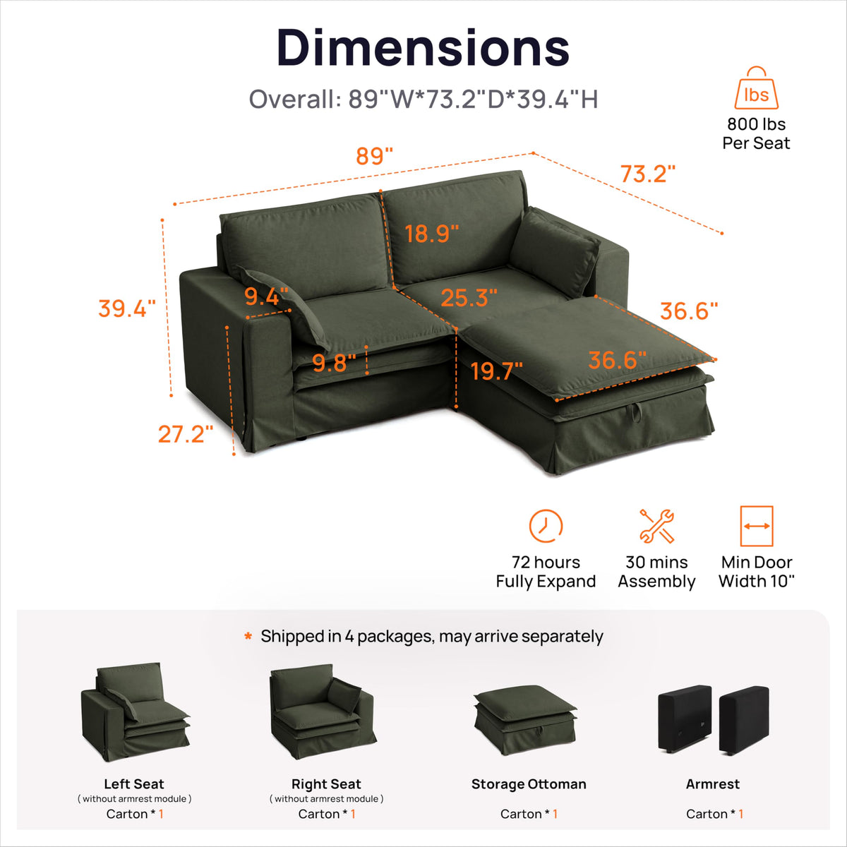 89" Washable Oversized Modular Sectional Sofa Couches, Green