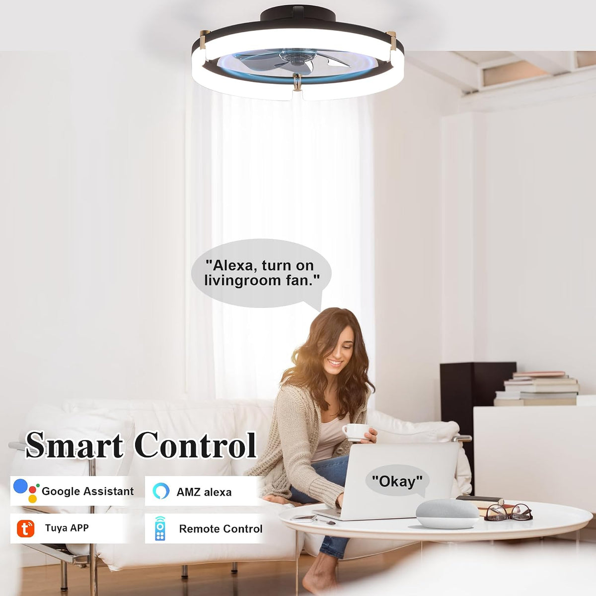20" Smart Flush Mount Ceiling Fan with Light & Remote