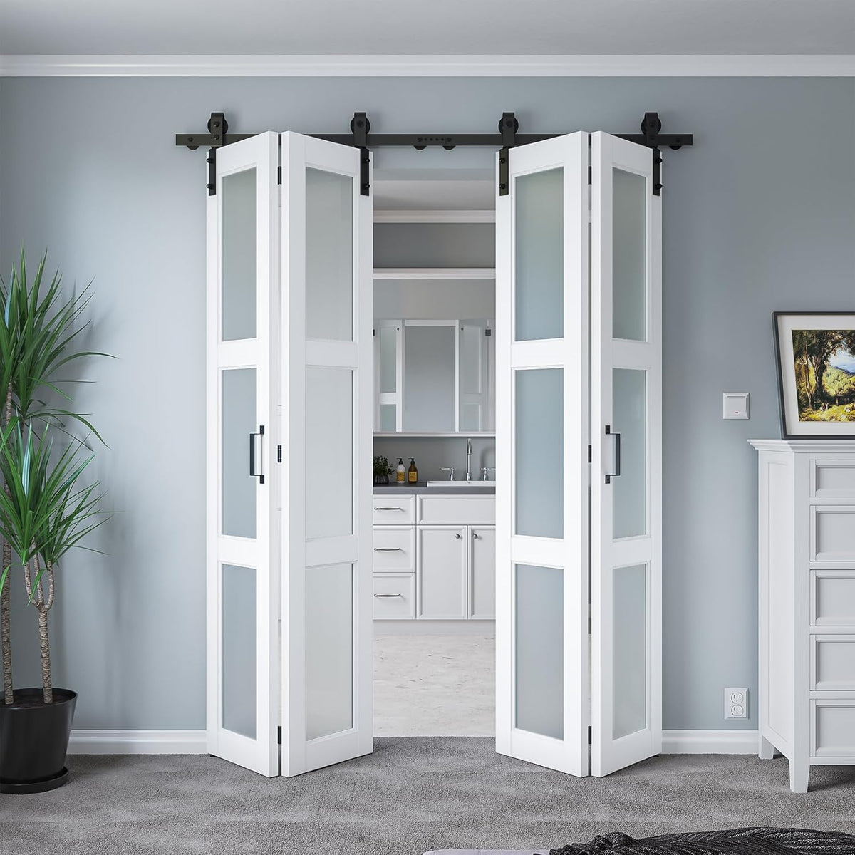 60" x 84" Bifold Sliding Barn Door with Hardware Kit Included, Pre-Assembled Glass Barn Doors with Waterproof &
