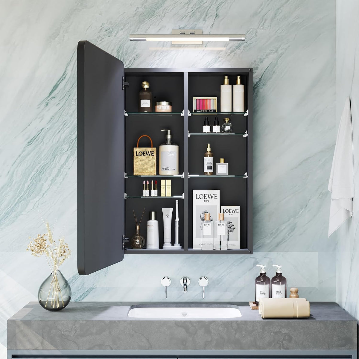 Medicine Cabinet 20x30 Inch, Bathroom Wall Mirror Cabinet with Storage, 6-Tier Adjustable Glass Shelving, Waterproof