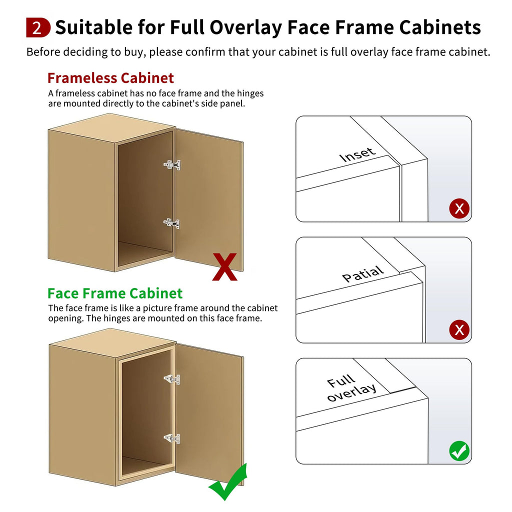 10 Pack Full Overlay Face Frame Soft Close Hinges, 105° 3-Way Adjust