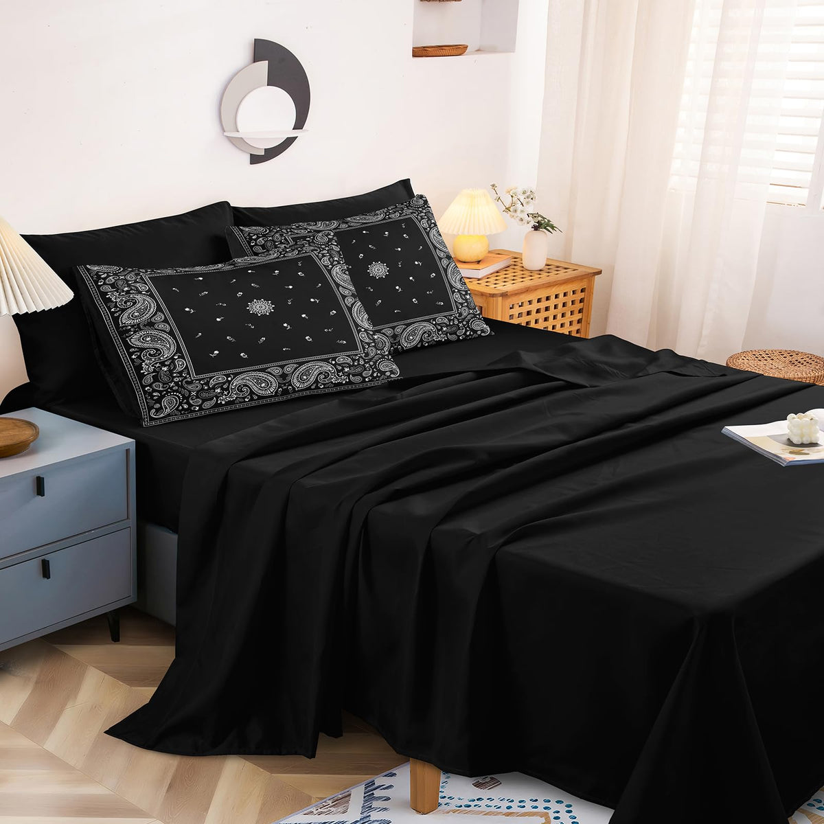 8 Pieces Paisley Comforter Set Queen Black Bedding Set with Sheet Set Boho Style Paisley Flower Comforter Set Decor