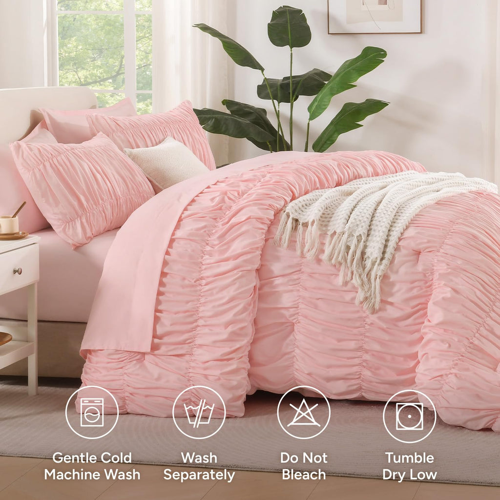 Ruched Pink Comforter Sets, 7 Pieces Ruffle Bed in a Bag