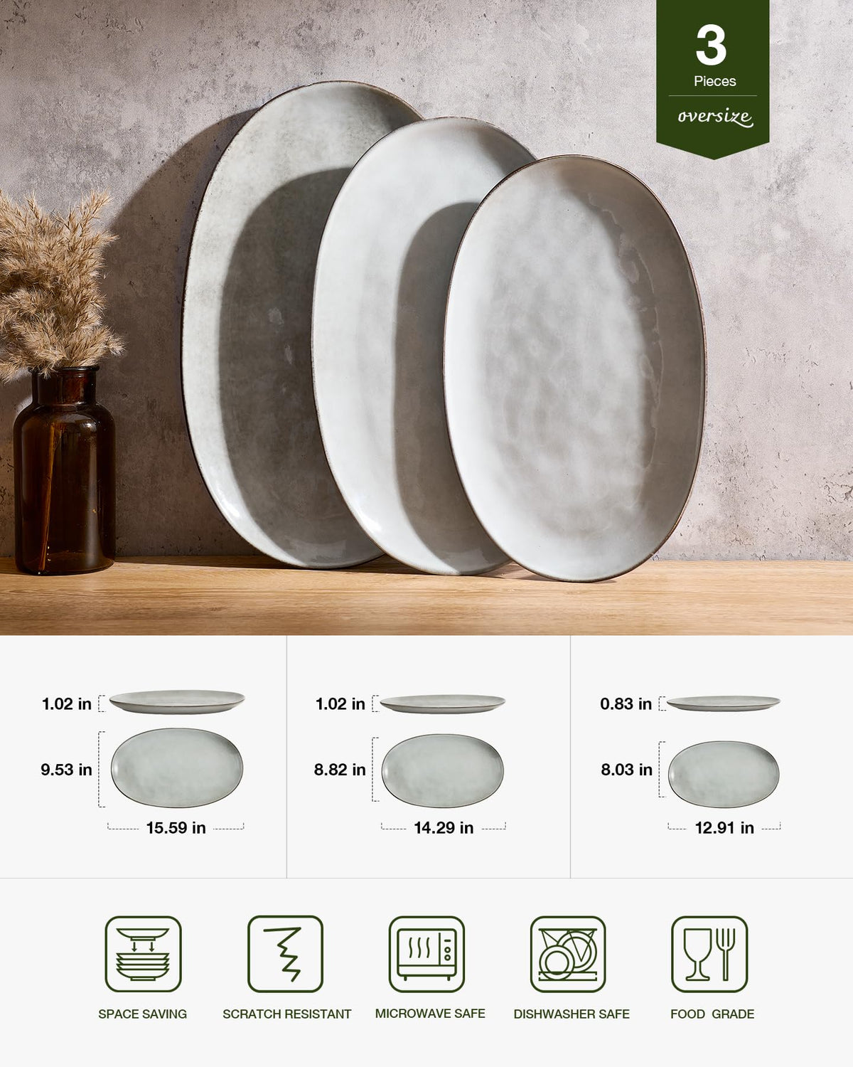 Serving Platters Set of 3 Sizes - Oval, Grey