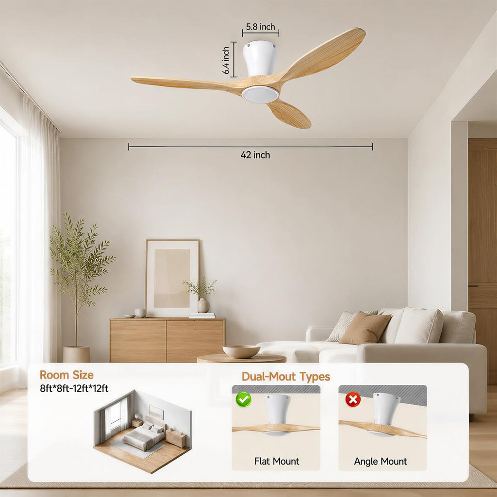 42" Wood Flush Mount Ceiling Fan with Light & Remote