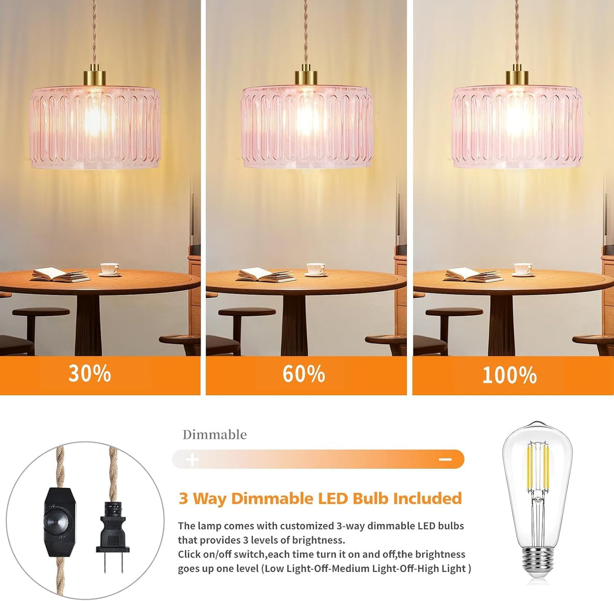 Pink Plug in Pendant Light Glass Hanging Lights with Plug in Cord Boho Hanging Lamp Gold Mid Century Modern Dimmable