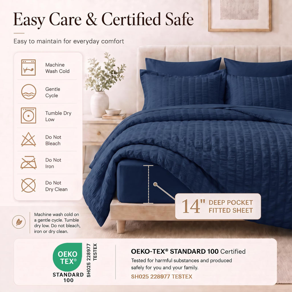 Comforter Set 120x98, 7-Piece Navy Blue Seersucker
