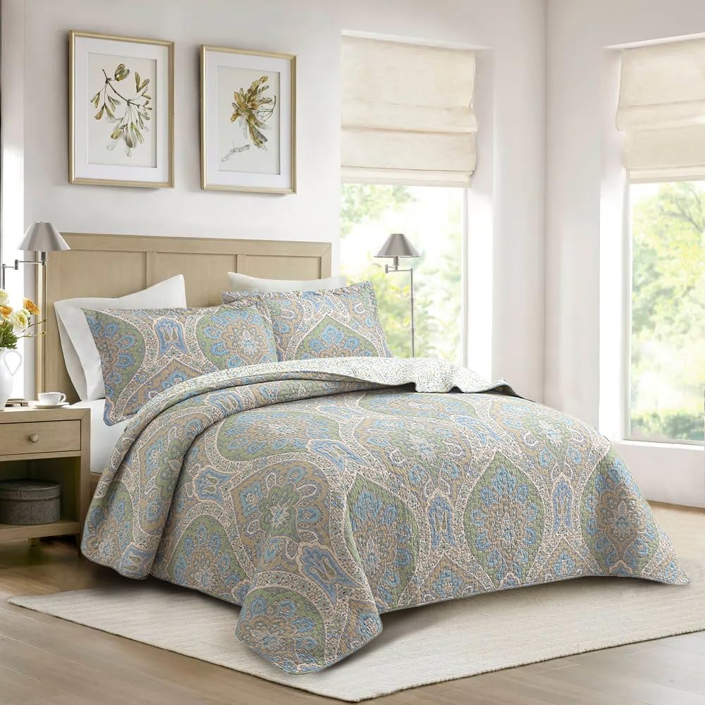 Blue Green Paisley Quilt Set - 3-Piece 100% Cotton Reversible Bedspread with Shams, Lightweight All Season Medallion