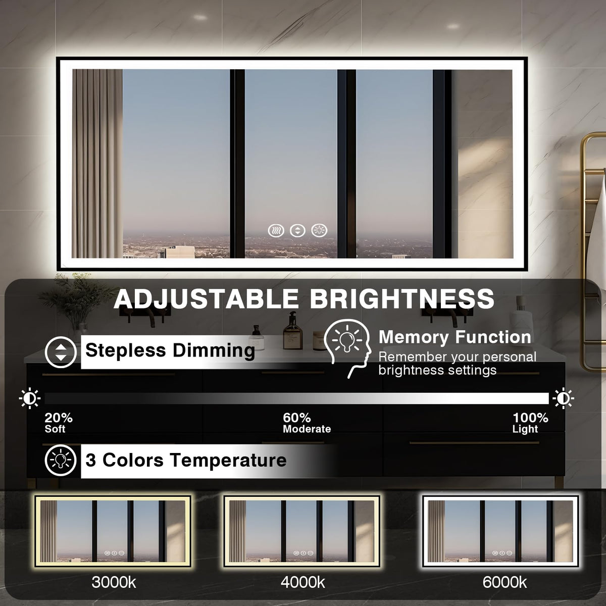 72x32 LED Bathroom Vanity Mirror - Black Aluminum Framed