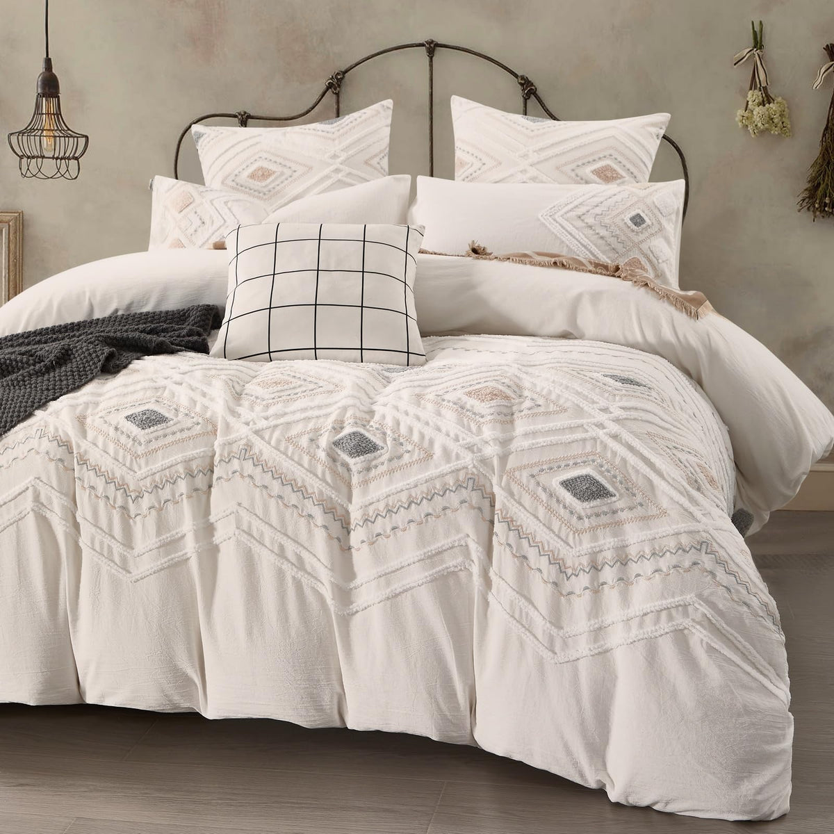 Off White Breathable Tufted Cotton Boho Duvet Cover Set 104x90''