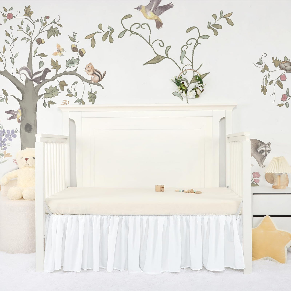 White Crib Skirt 28"X52" with 14" Drop, Ruffle Crib Bed Skirt for Baby Boys Girls, Fit Toddler Beds, Standard Crib