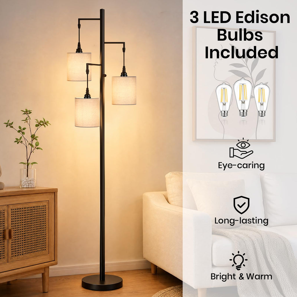 70'' Tall Floor Lamp, 3-Light Black Standing Lamp