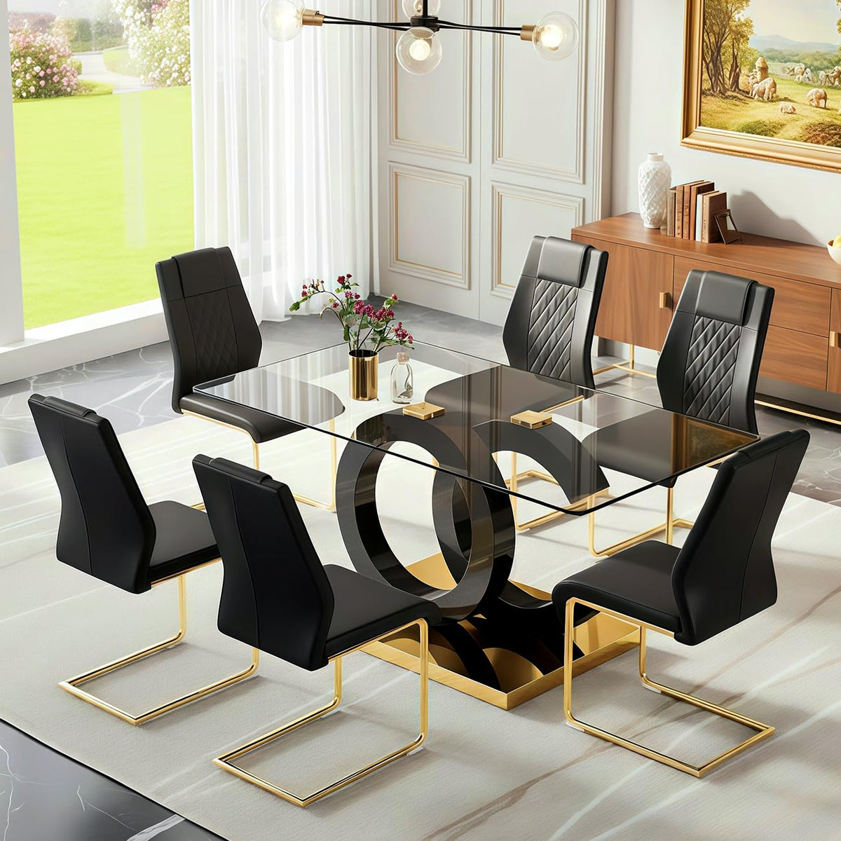 Inspired Saarinen Style 63" Modern Glass Dining Table for 6, Black OC-Shape Pedestal & Gold Base, Rectangular Tempered Glass Kitchen Table