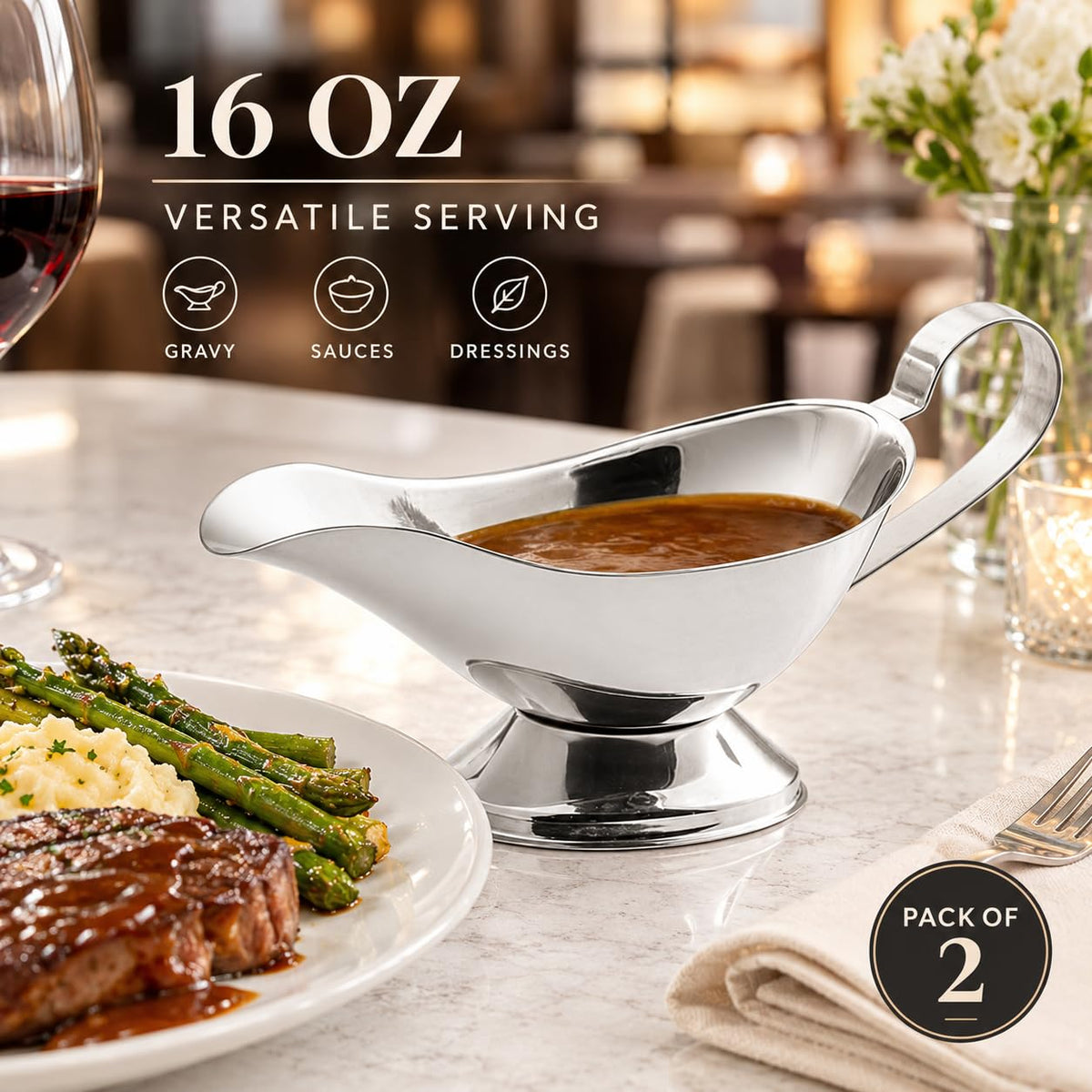 16 Oz. Stainless Steel Gravy Boat Set of 2 - Elegant Sauce Server with Gadroon Base & Easy-Pour Lip - Durable Metal