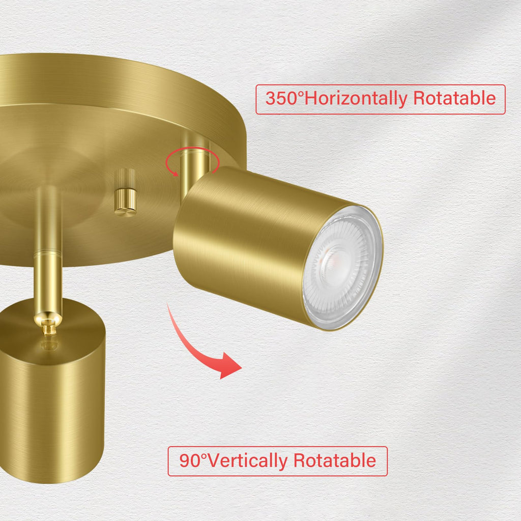 LED 3 Light Track Lighting Kit, LED Track Lighting Fixtures, Gold Round Ceiling Spot Lighting, Flexibly Rotatable