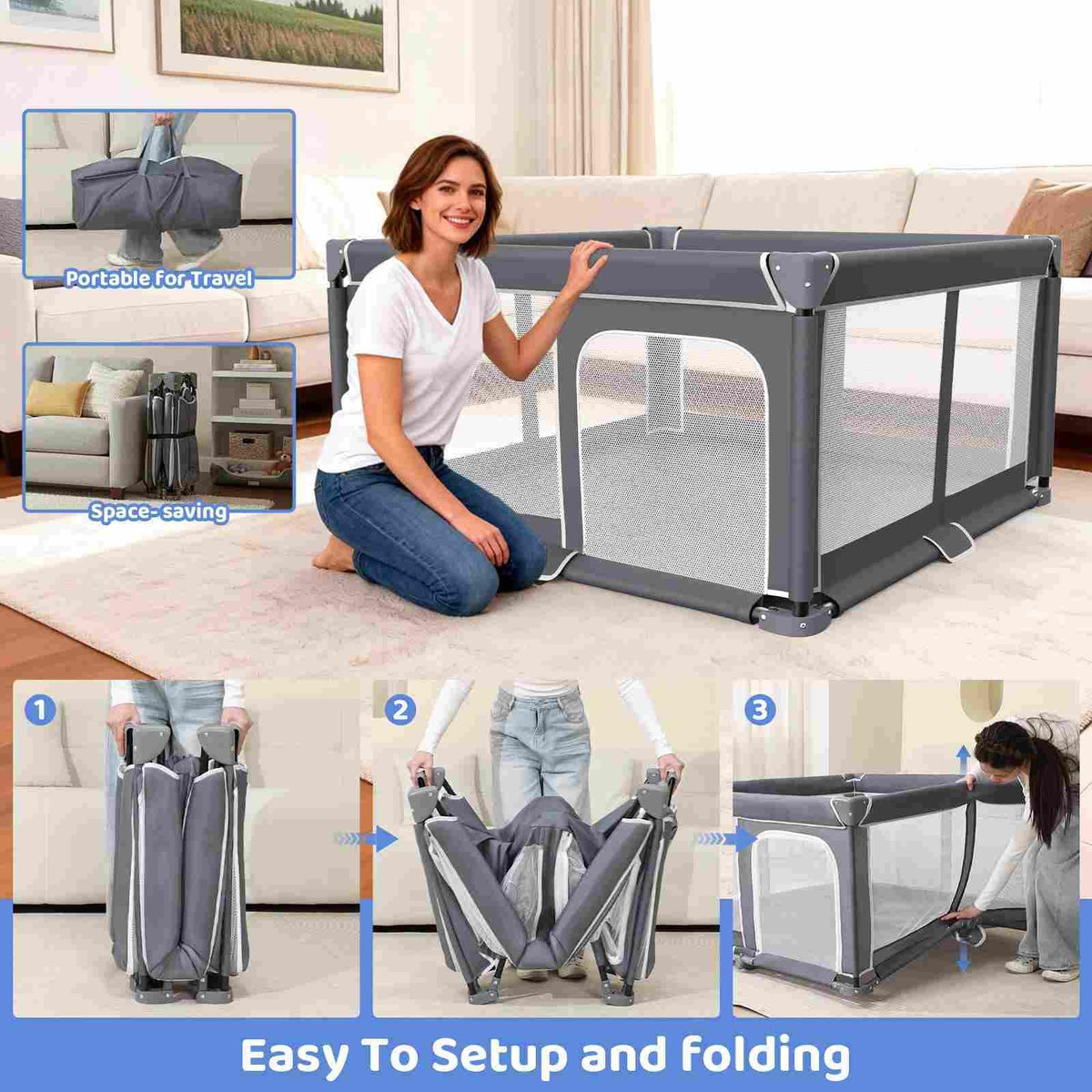 Foldable Baby Playpen Portable Travel Play Yard, Dark Gray