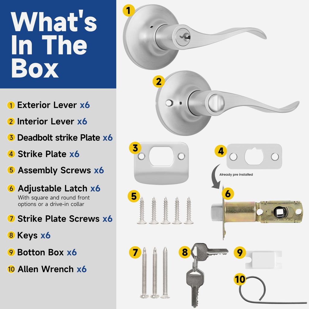 Keyed Entry Door Lever, Door Handle with Lock and Key, Exterior & Interior Door Handle, Wave Style Lever Satin
