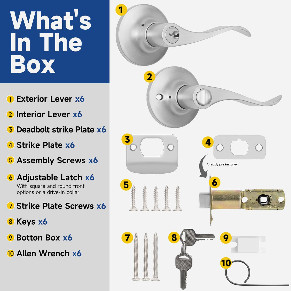 Keyed Entry Door Lever, Door Handle with Lock and Key, Exterior & Interior Door Handle, Wave Style Lever Satin