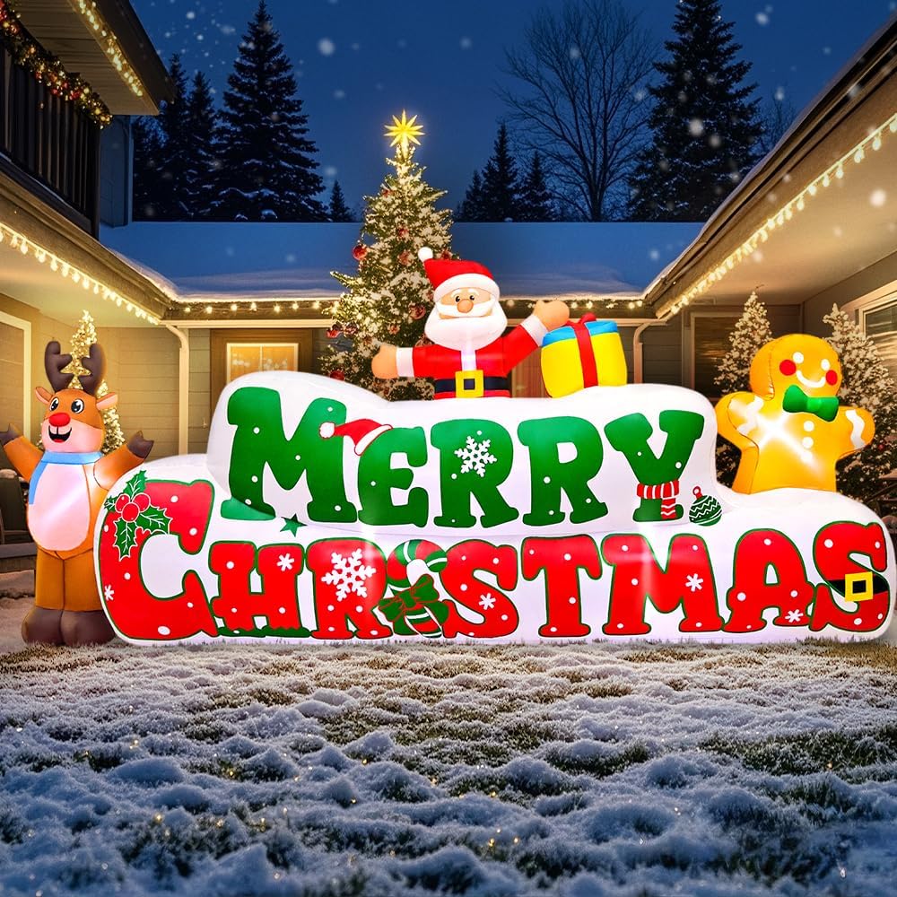 10FT Christmas Inflatables Outdoor Decorations Inflatable Merry Christmas with Santa Gingerbread Reindeer, Built in