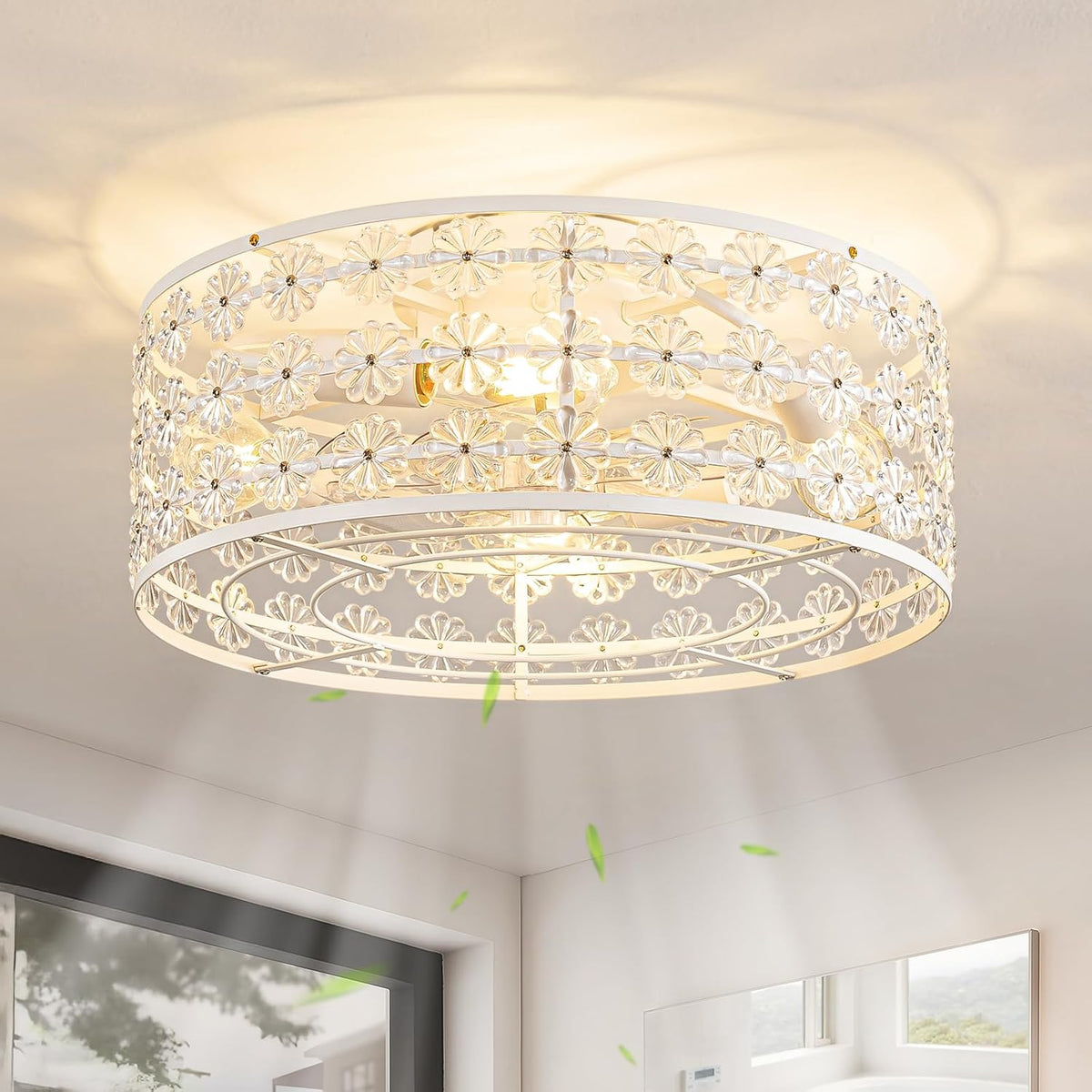 White Caged Crystal Ceiling Fan with Light & Remote