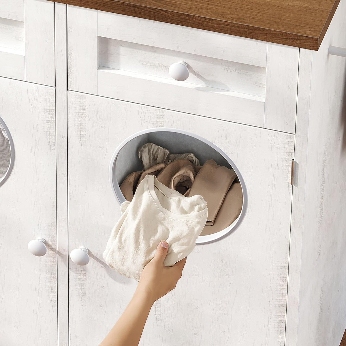 Double Laundry Hamper Cabinet, Hidden Laundry Cabinet with 2 Drawers & 2 Baskets, 20 Gallon Farmhouse Bathroom