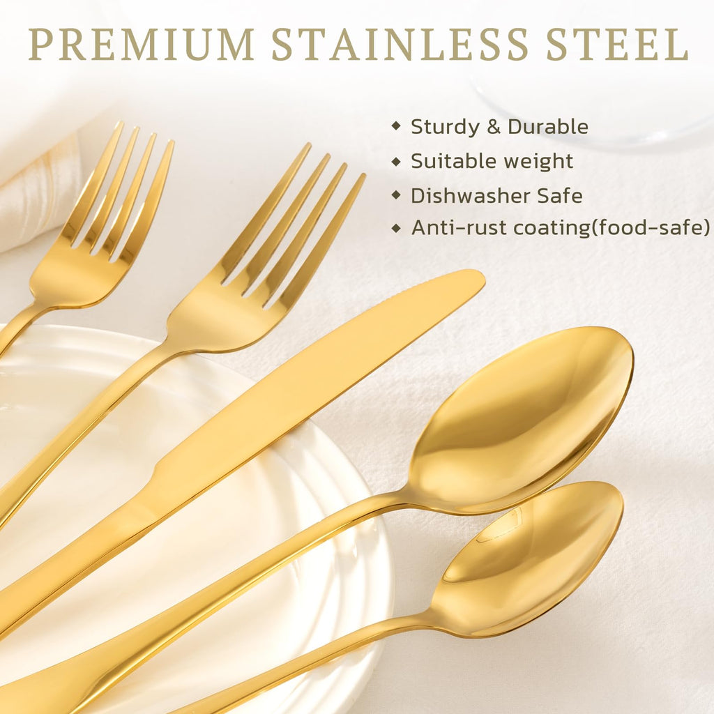 Silverware Set 48-Piece Gold Flatware Set with Steak Knives Food-Grade Stainless Steel Cutlery Set for 8 Mirror