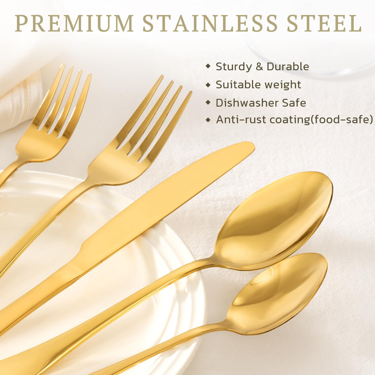 Silverware Set 48-Piece Gold Flatware Set with Steak Knives Food-Grade Stainless Steel Cutlery Set for 8 Mirror