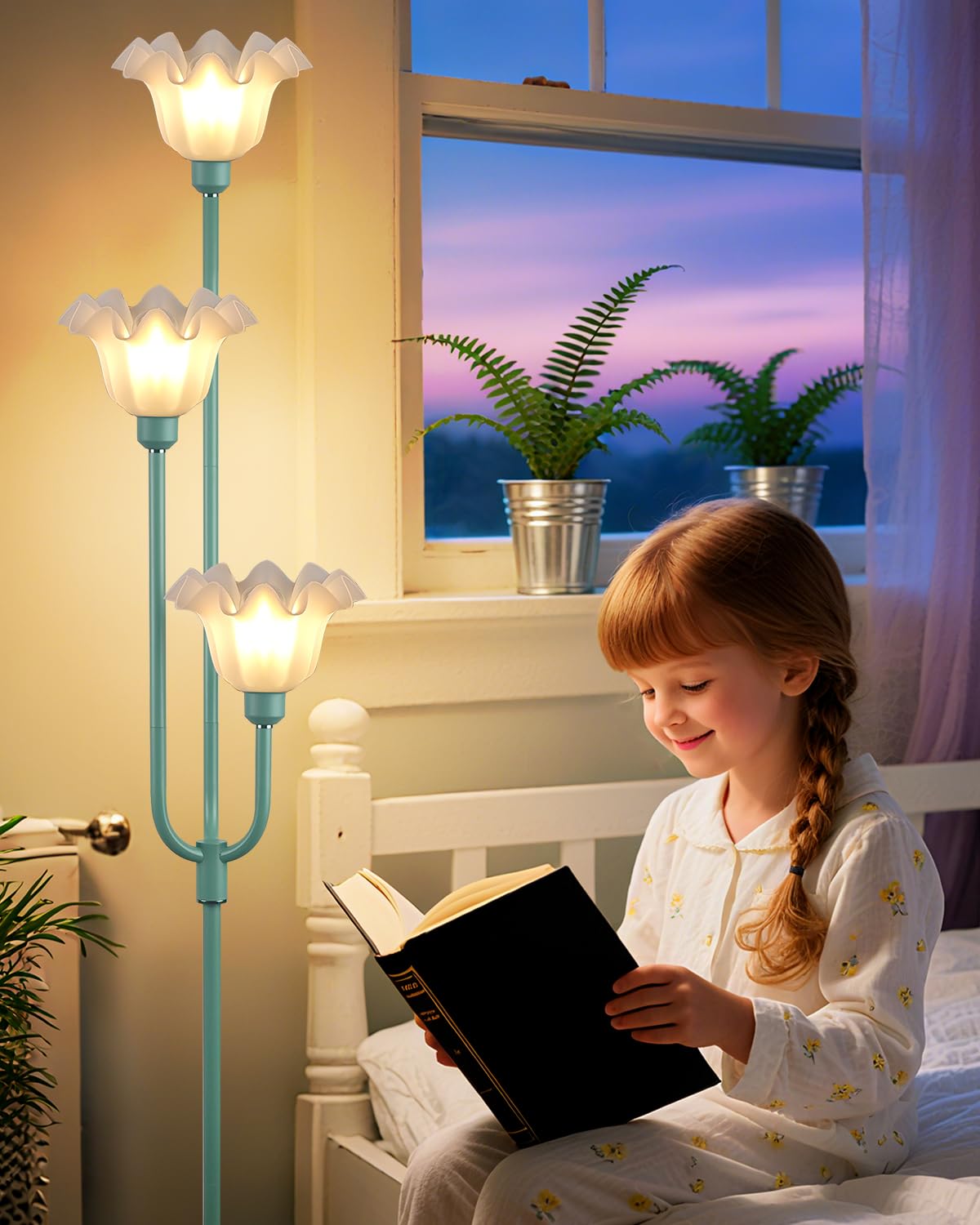 66 Inch Flower Green Floor Lamp Bedroom Office, 3-Light Mid Century Standing Lamp with 3000K Warm White LED Bulbs