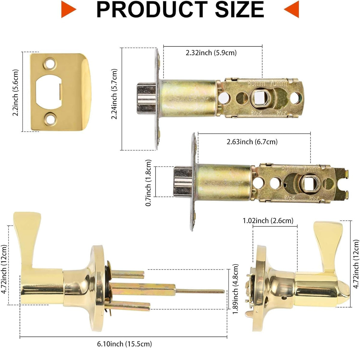 2 Pack Door Lever with Lock and Key, Gold Door Handle