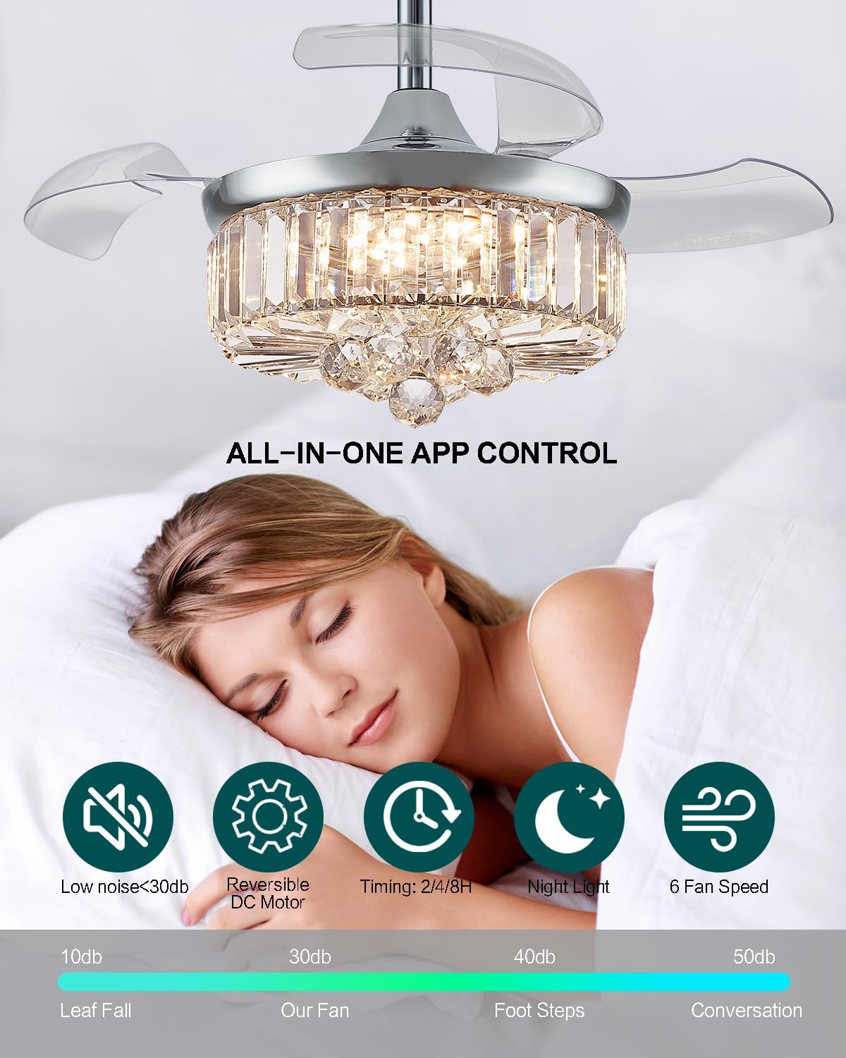 30" Chrome Crystal Ceiling Fan with Light