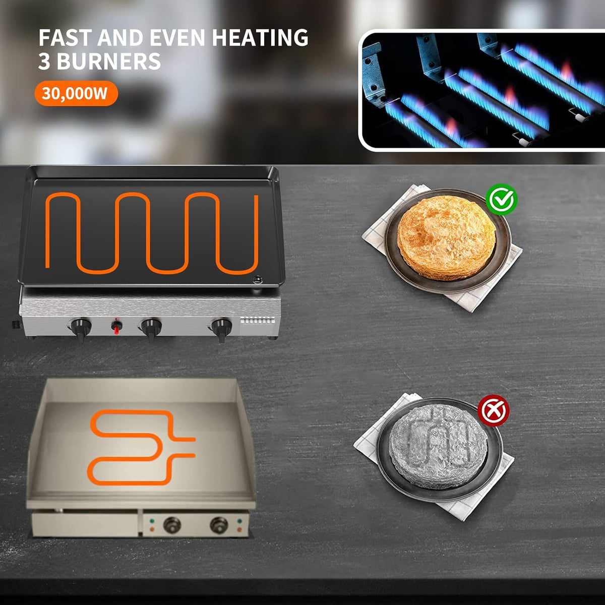 3-Burner Outdoor Propane Gas Griddle, 30,000 BTU Flat Top Grill with Side Shelves for Camping and BBQ