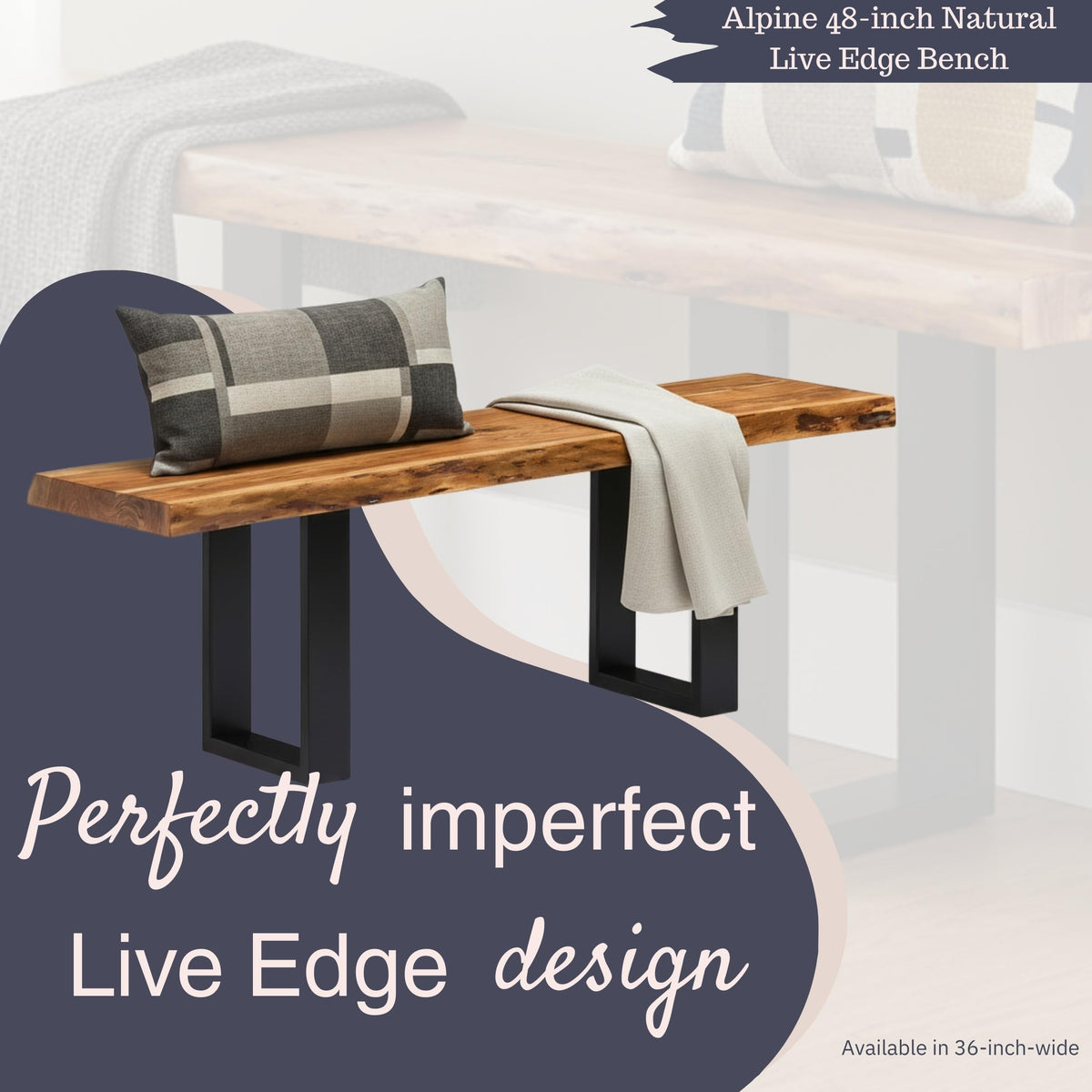 Alpine Live Edge Solid Wood Rustic Entryway Bench, Natural, 48"