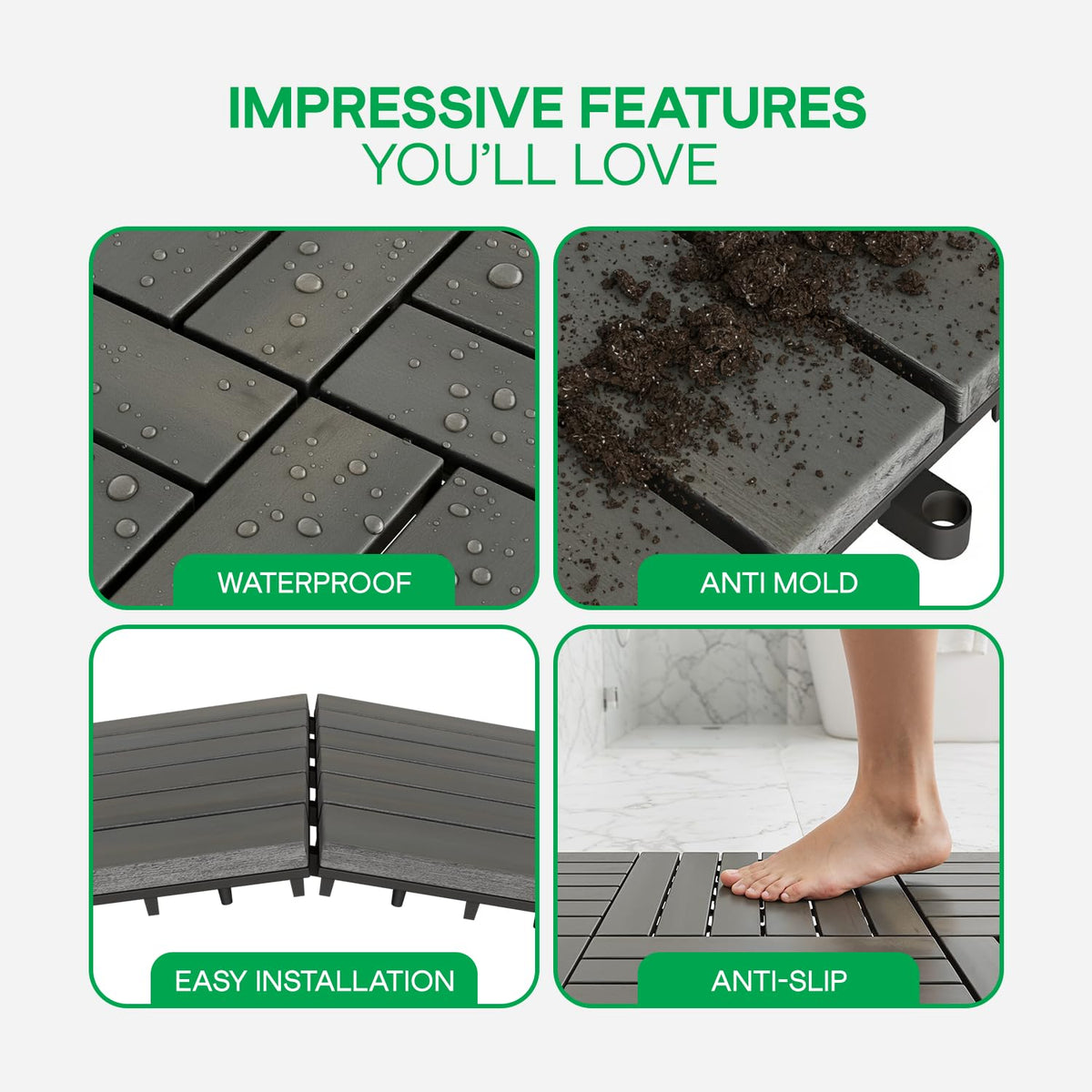 Interlocking Deck Tiles 9.6 SQFT - 10PCS Waterproof Acacia Wood Patio Tiles, Flooring Tiles for Indoor and Outdoor - 6