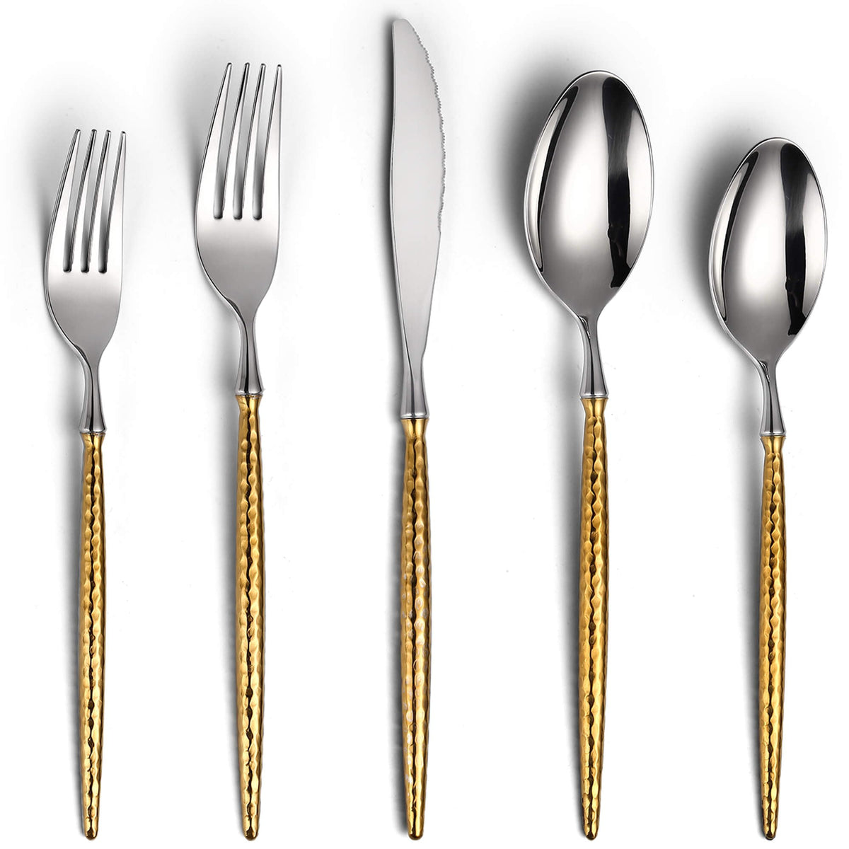 20-Piece Hammered Silver Gold Silverware Set,18/10 Stainless Steel Forging Heavy Duty Cutlery Set for 4, Luxury