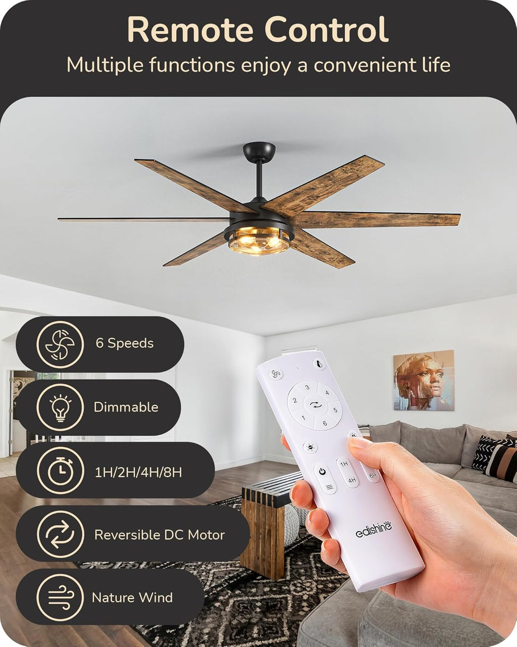 70" Wood Ceiling Fan with Light & Remote