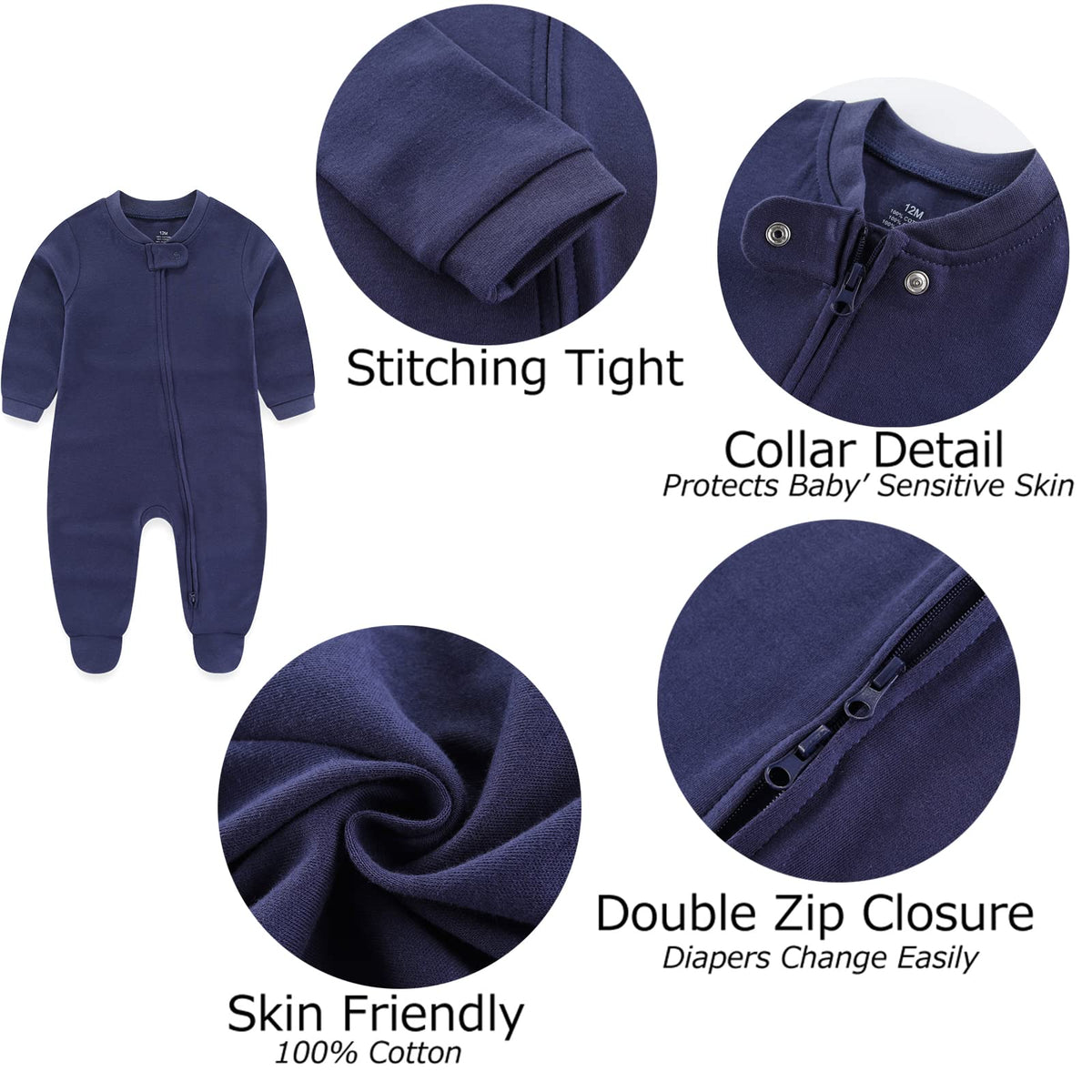 Newborn Baby Boy Girls Clothes Way Zip Footed Cotton Bodysuit Pack Long Sleeve Outfits Baby Pajamas