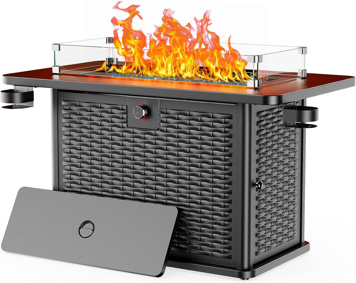 43 Inch Propane Fire Pit Table, 60,000 BTU Gas Fire Pit with Premium Glass Rocks, Wind Guard Glass Shield, Waterproof Cover, Cup Holders, Fire Table