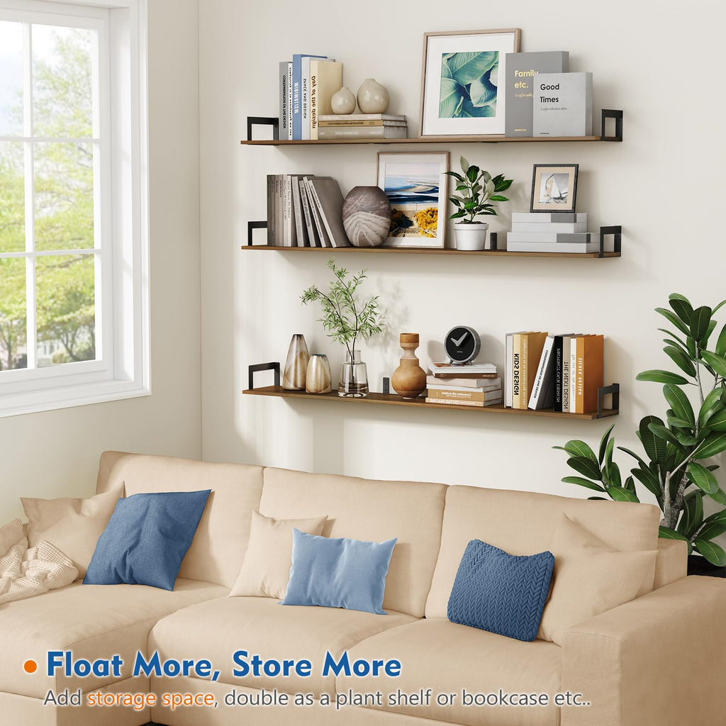 Large Floating Shelves for Wall 48 Inches Long Set of 3, Rustic Wood Wall Bookshelf Bedroom Books, Heavy Duty Hanging