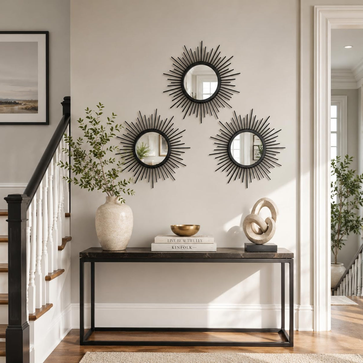 Black Sunburst Mirror Set of 3, 3PCS Metal Round Decorative Wall Mirrors, Starburst Accent Mirror Wall Decor